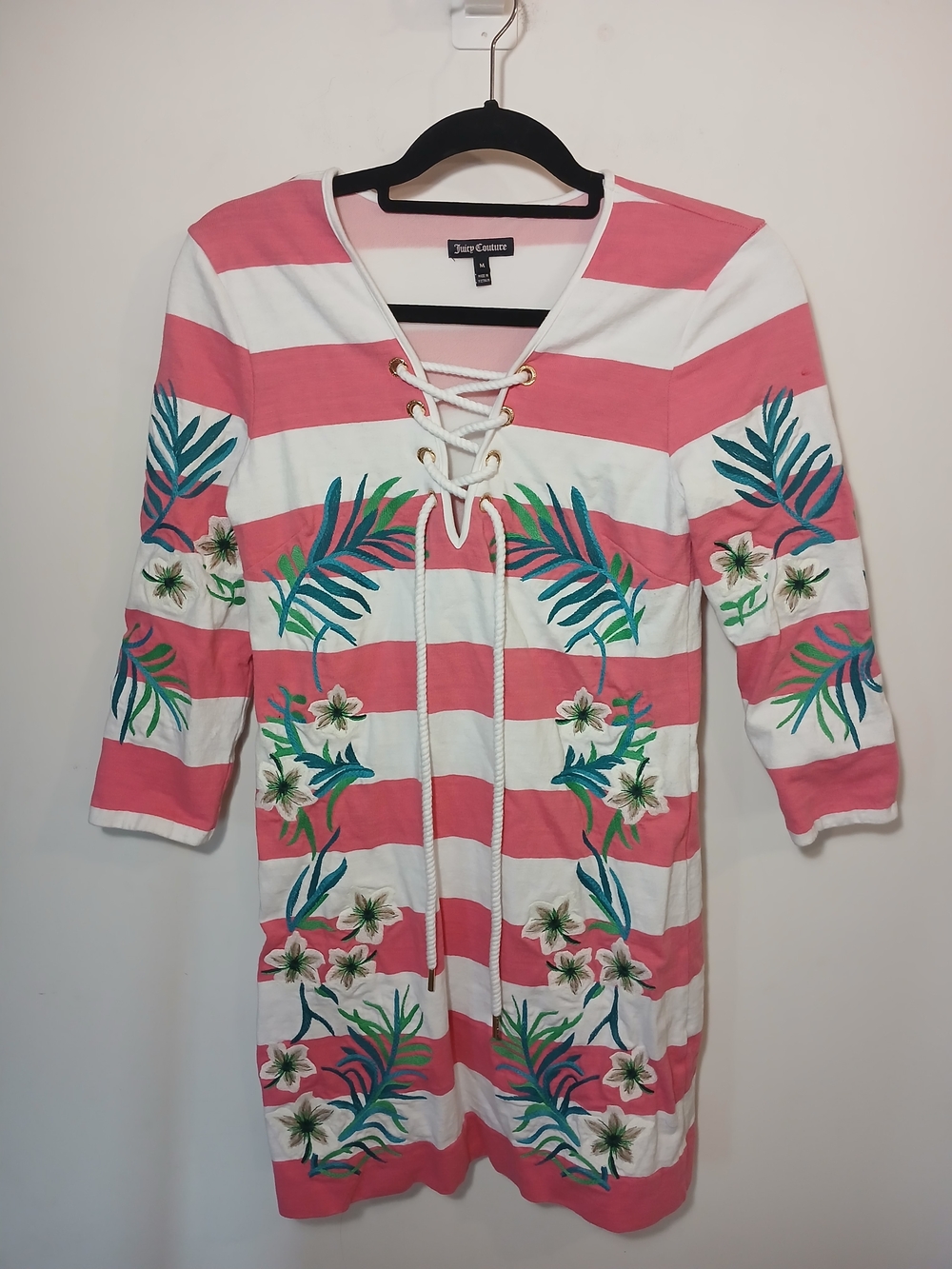 Juicy Couture 100% Cotton Body, Pink & White Dress with Tropical Embroidery